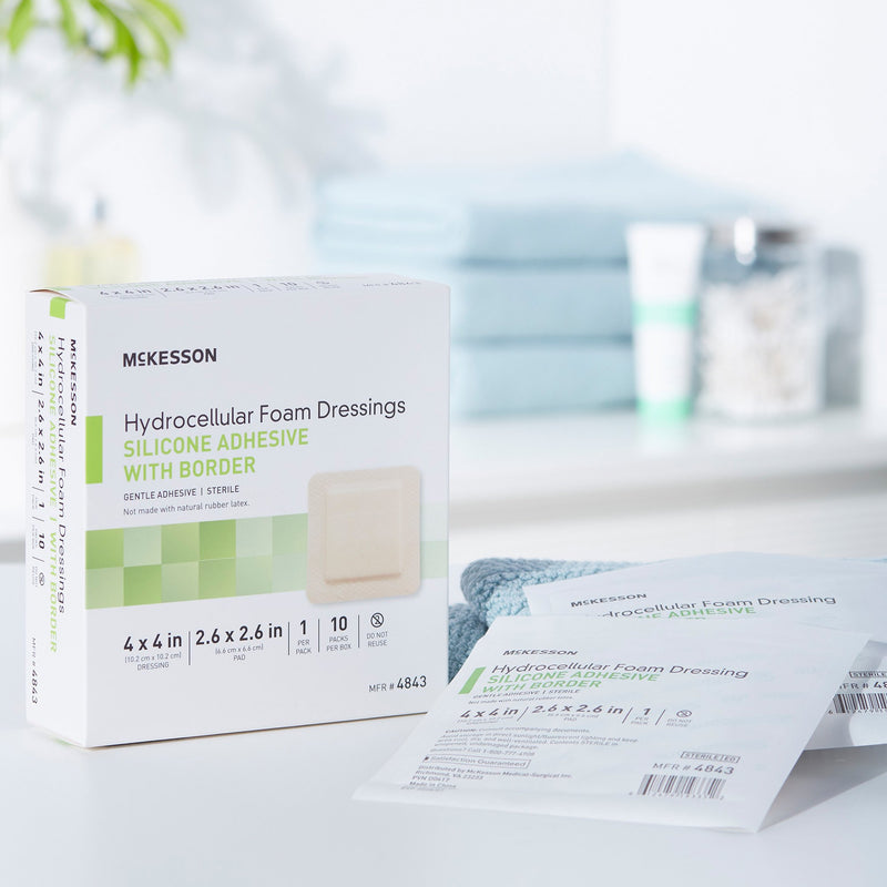 McKesson Silicone Adhesive with Border Silicone Foam Dressing, 4 x 4 Inch