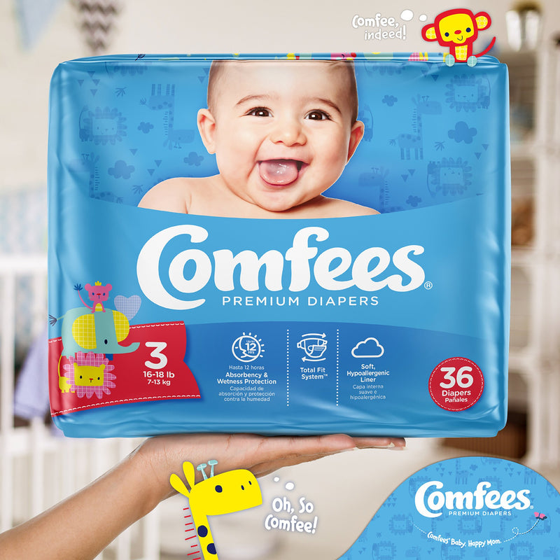 Attends Comfees Premium Diapers, Unisex, Baby, Tab Closure, Size 3