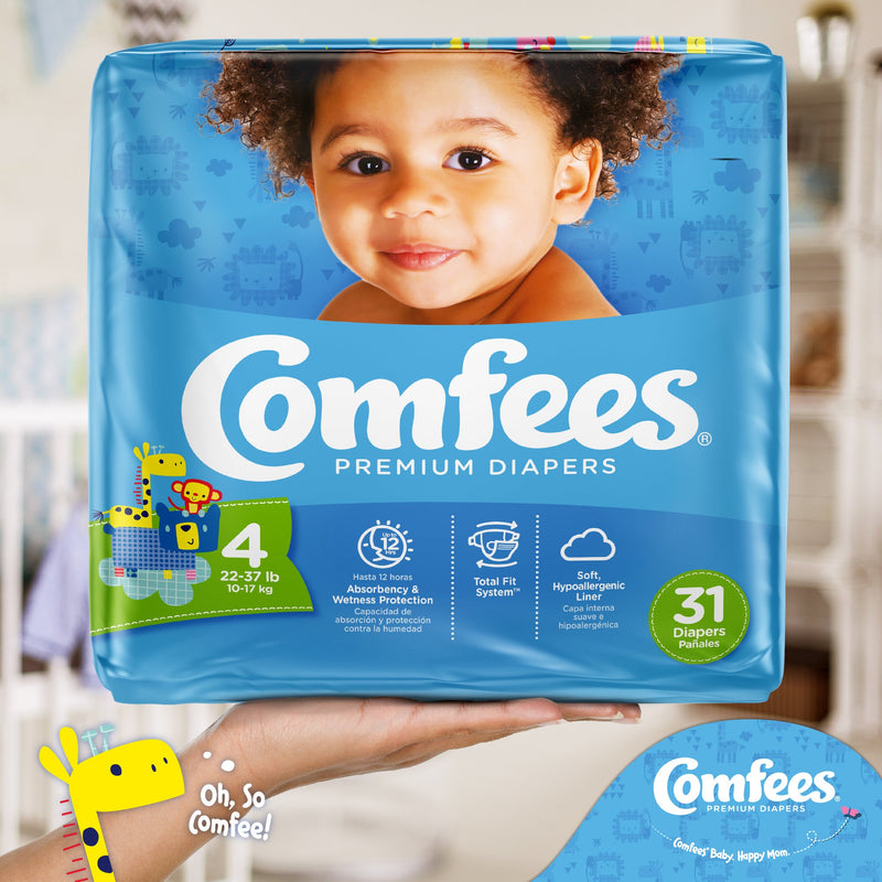 Attends Comfees Premium Baby Diapers, Tab Closure, Kid Design, Size 4