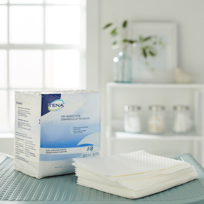 TENA Dry Washcloths, Disposable, White, 13" x 13-1/4"